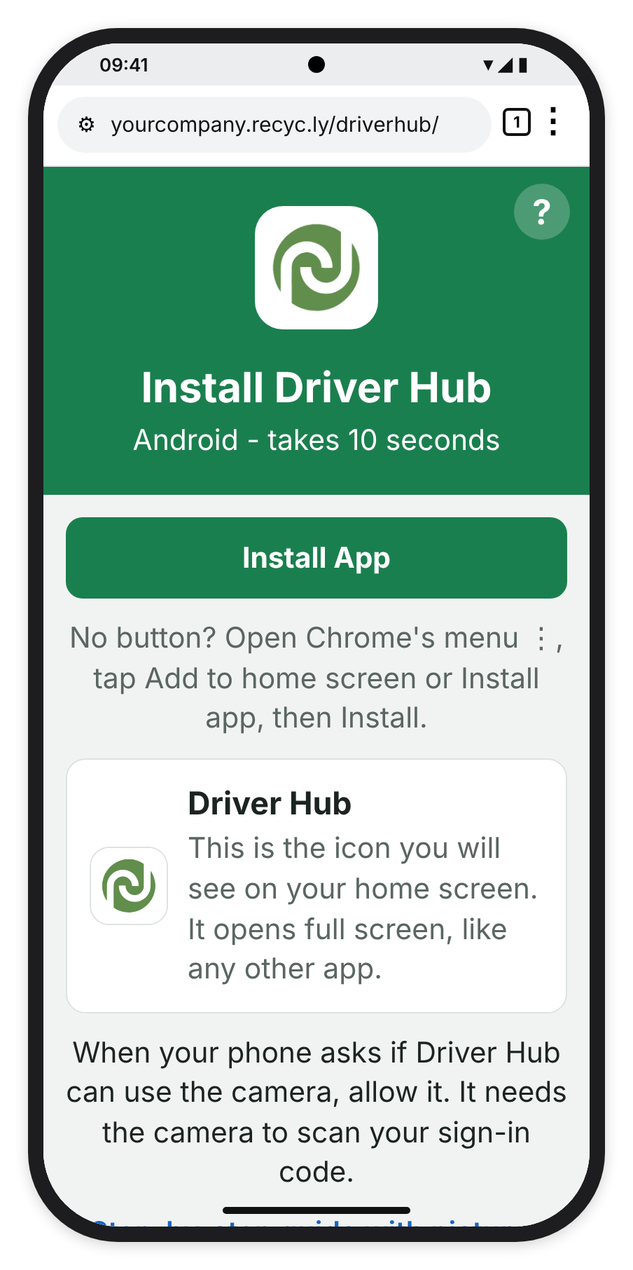 The Install Driver Hub screen on an Android phone, with the Install App button and the line about allowing the camera.