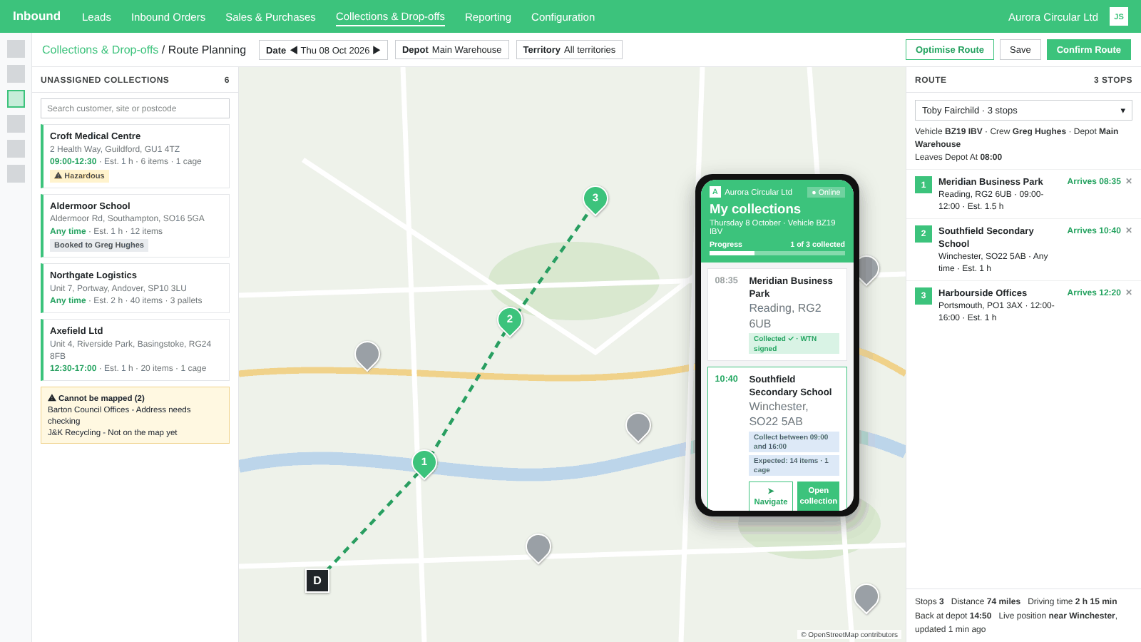 The Route Planning board, with a driver's day on Driver Hub