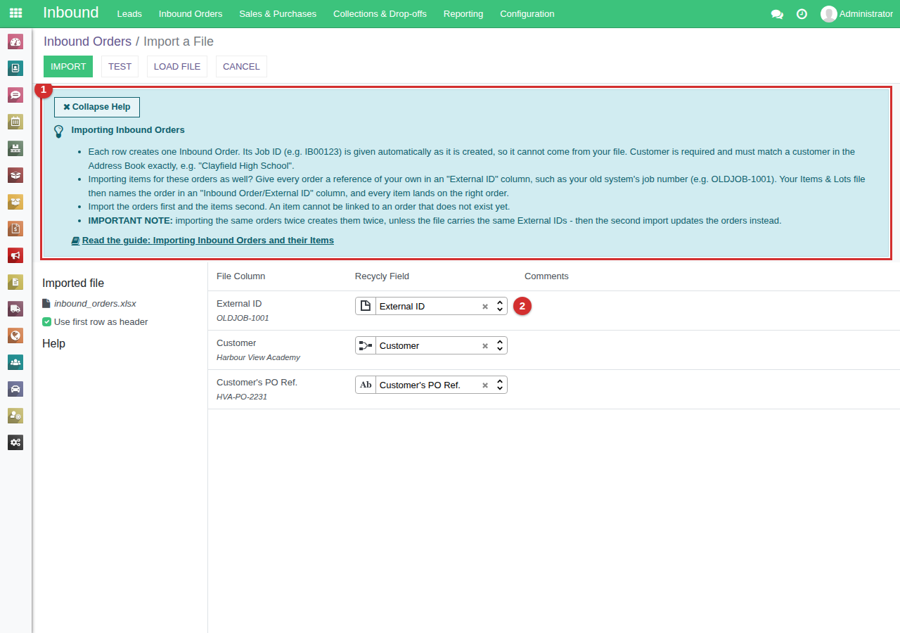 The Inbound Orders import screen: the help panel marked 1, and the External ID column matched marked 2