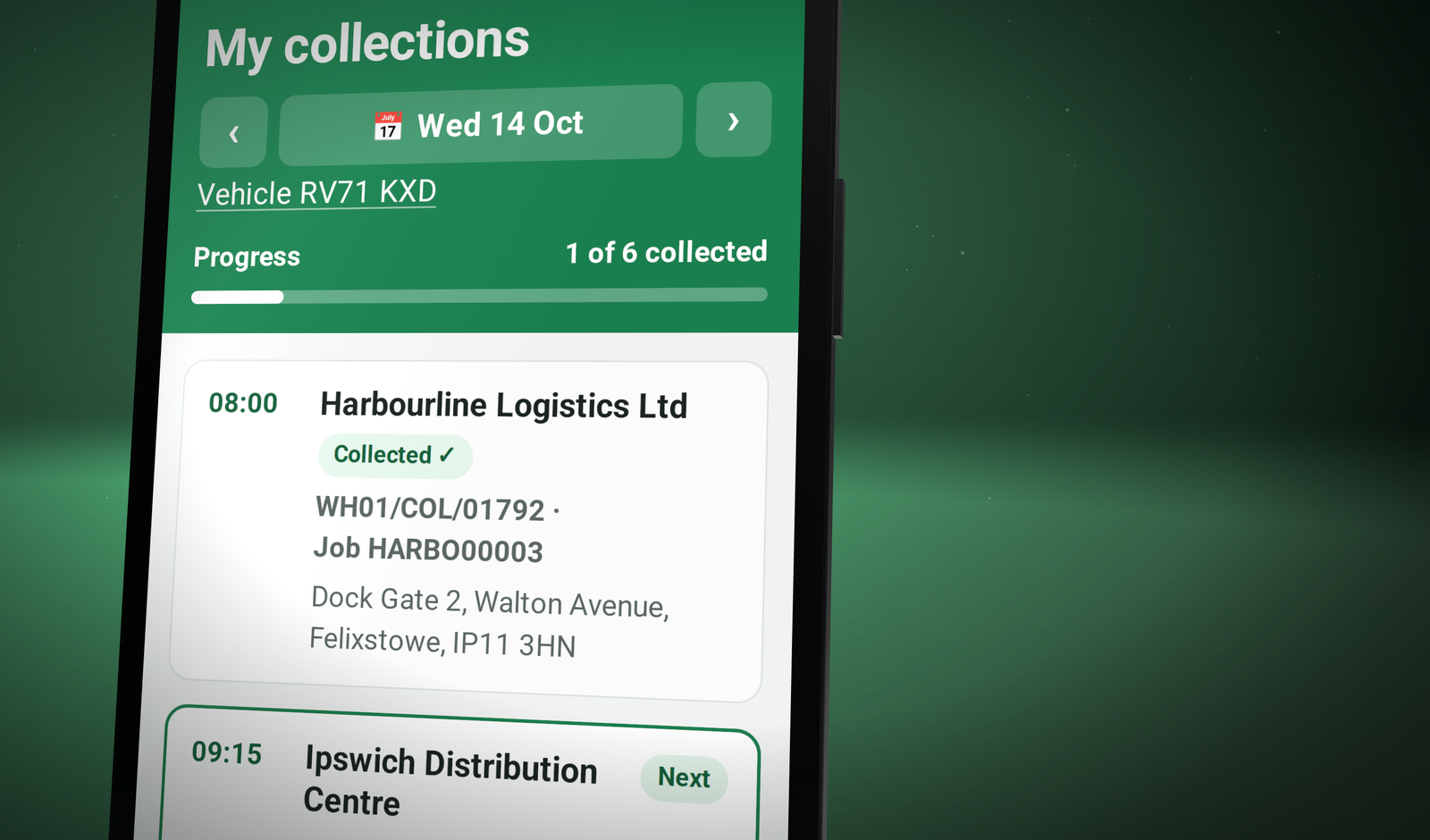 Driver Hub's My collections screen on a driver's phone: Wed 14 Oct, van RV71 KXD, 1 of 6 collected, the 08:00 collection done and the 09:15 one next
