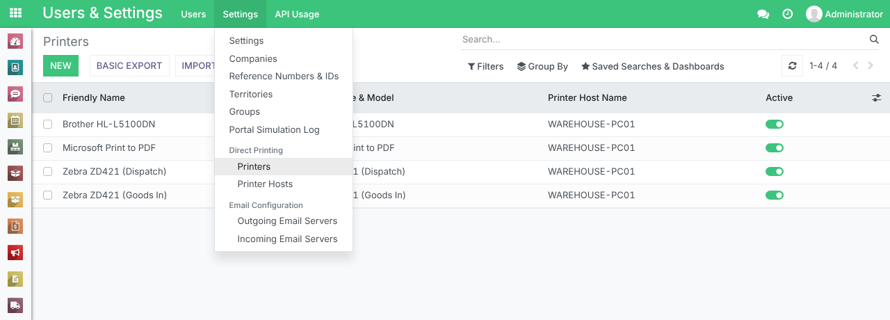 The Printers list under Users and Settings, Settings, Direct Printing, Printers, with each printer's Friendly Name, Printer Make and Model, Printer Host Name and Active switch