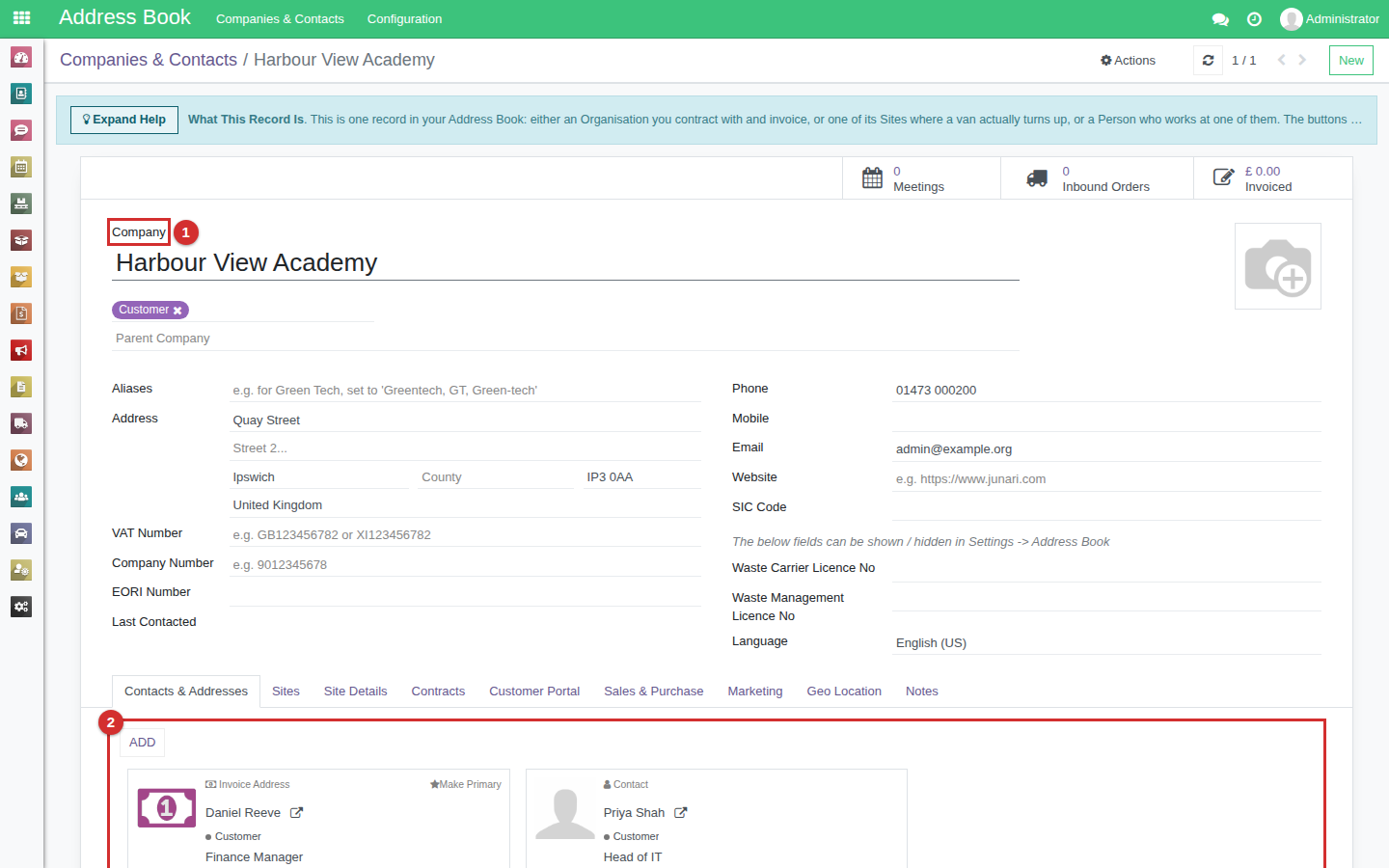 Harbour View Academy: Company Type marked 1, and its two contacts on the Contacts and Addresses tab marked 2