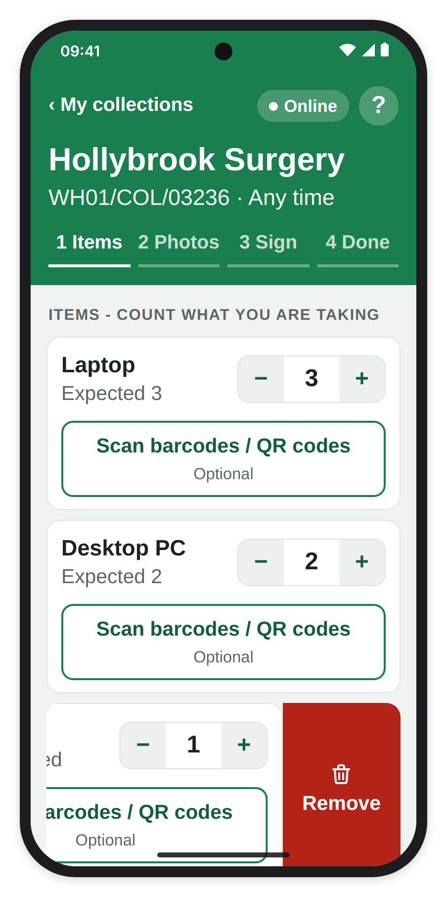 Step 1 Items with an added Printer row swiped to the left, showing the red Remove behind it.