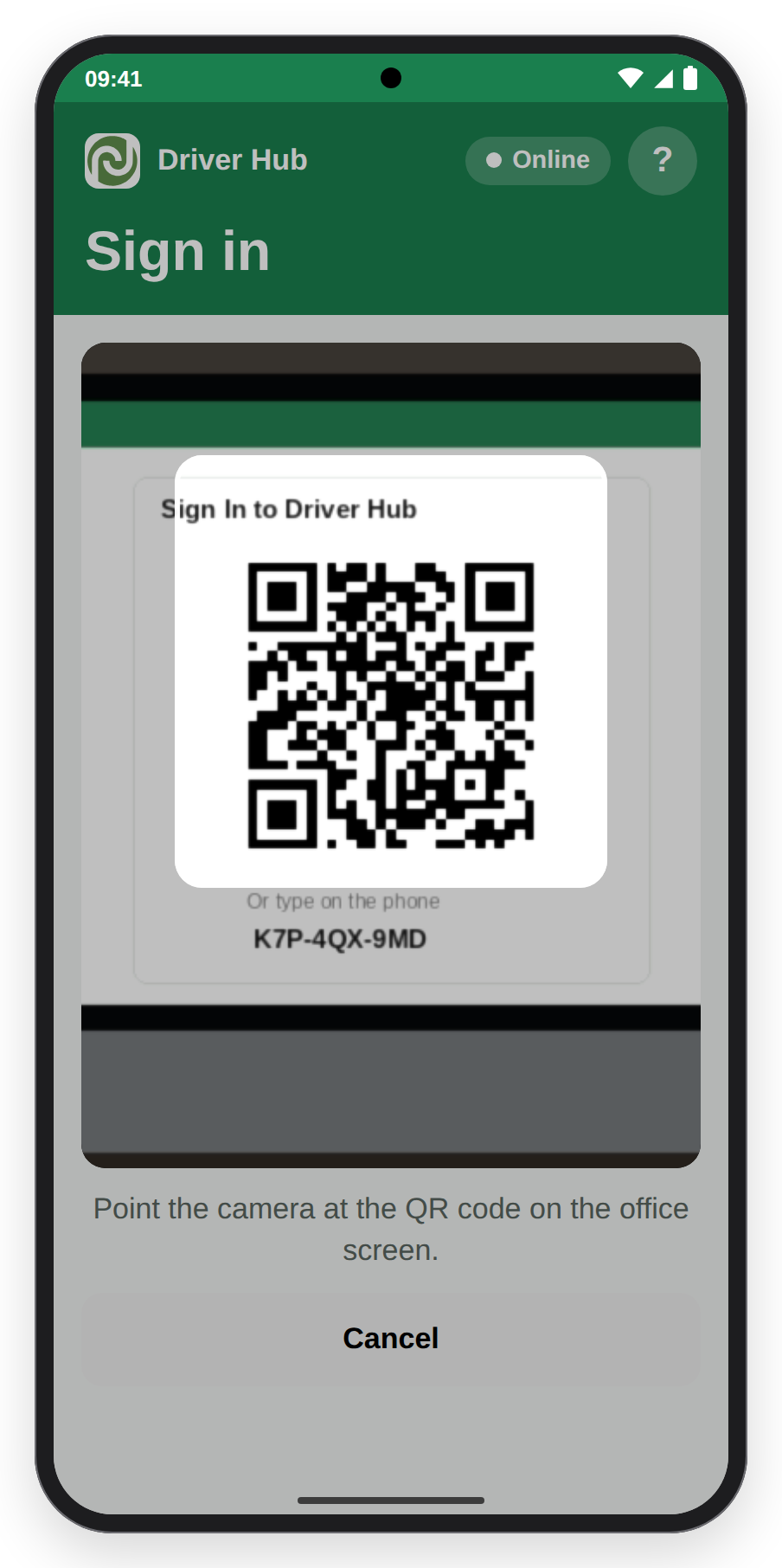 Driver Hub's camera view pointed at a QR code on an office screen.