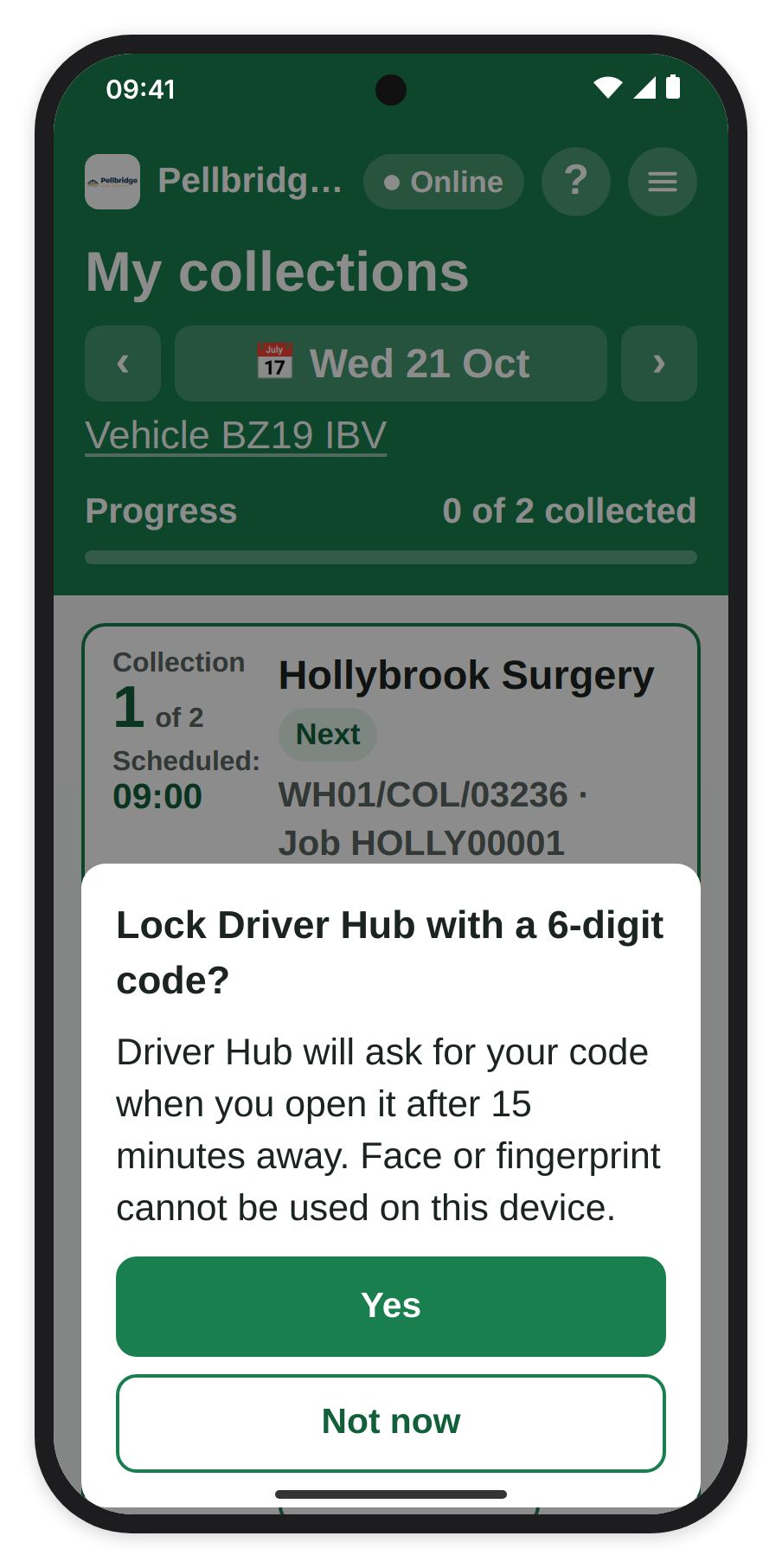 Lock Driver Hub with a 6-digit code? over My collections, on a phone that cannot check a face or fingerprint, with Yes and Not now.
