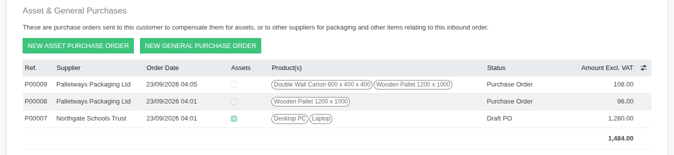 The Asset and General Purchases section of a job's Financials tab