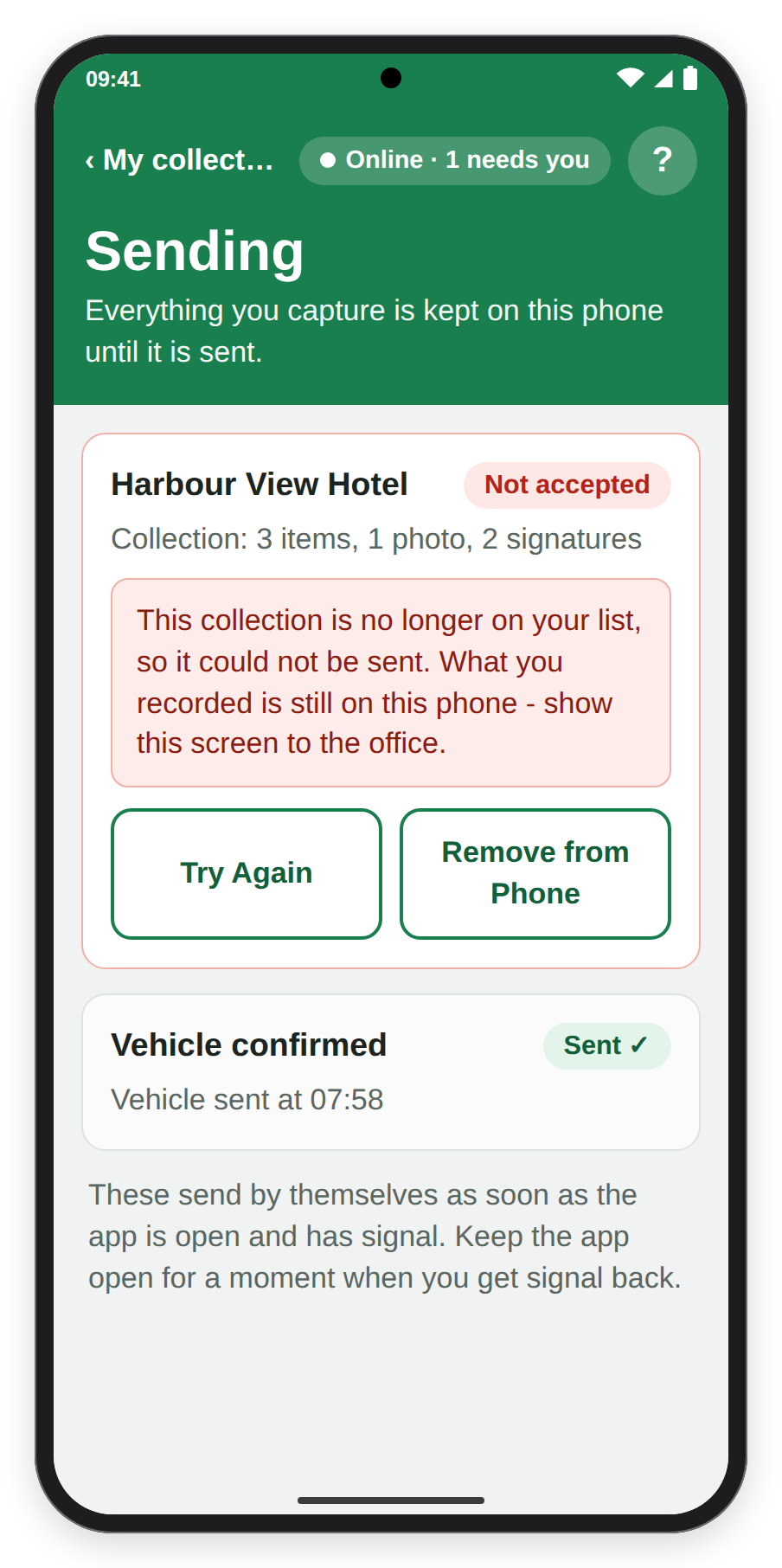 A Not accepted item on the Sending screen saying the collection is no longer on your list, with Try Again and Remove from Phone, and Online · 1 needs you in the header.
