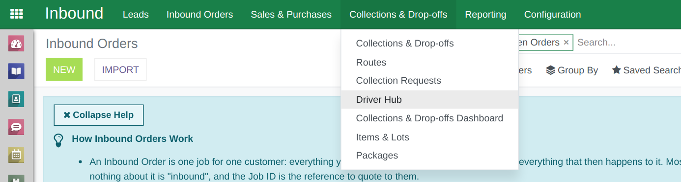 Inbound > Collections & Drop-offs, with the Driver Hub menu item.