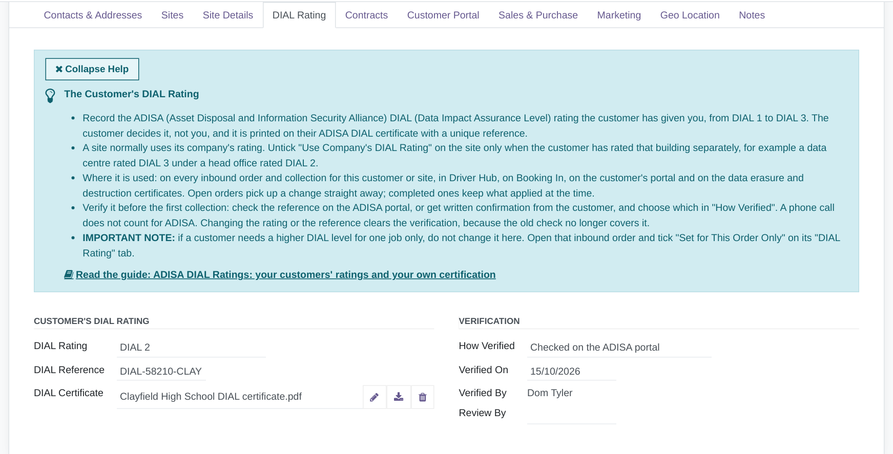 A company's DIAL Rating tab with The Customer's DIAL Rating help panel at the top, DIAL Rating DIAL 2, DIAL Reference DIAL-58210-CLAY, a certificate uploaded, and How Verified Checked on the ADISA portal with Verified On and Verified By filled in.