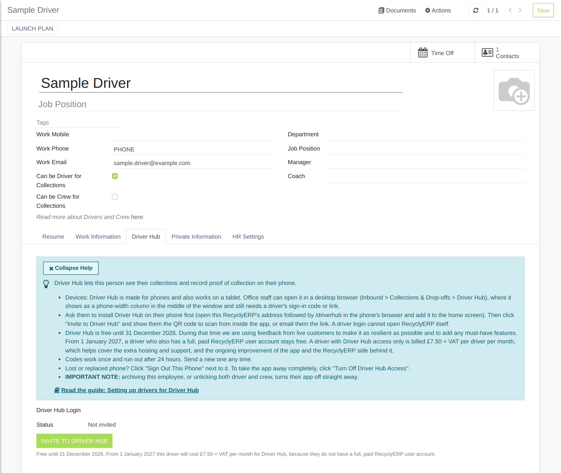 A driver's Driver Hub tab before they are invited, with its help panel open and the grey line under Invite to Driver Hub.